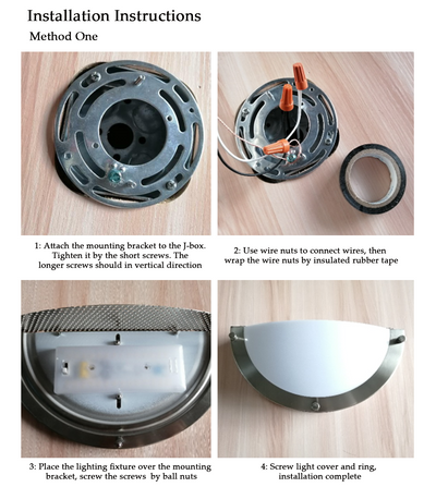 Installation guide for the half-moon wall sconce in four step-by-step panels