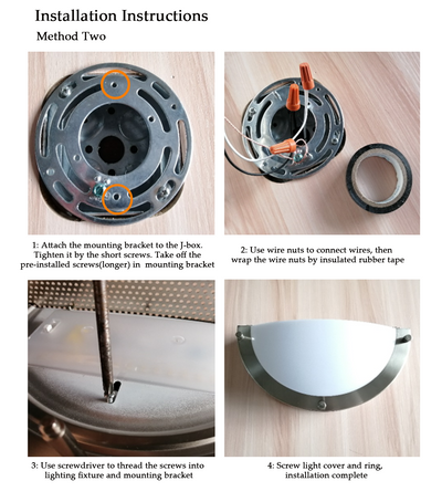 Installation guide for the half-moon wall sconce in four step-by-step panels