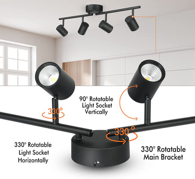 30W 4-Head LED Dimmable Track Light Kit,3000K/4000K/5000K Selectable 2400lm CRI90,Flexibly Rotatable Light Head for Accent Decorative Lighting,Black