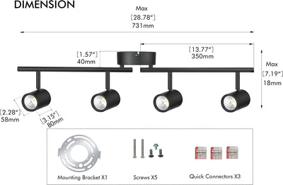 30W 4-Head LED Dimmable Track Light Kit,3000K/4000K/5000K Selectable 2400lm CRI90,Flexibly Rotatable Light Head for Accent Decorative Lighting,Black