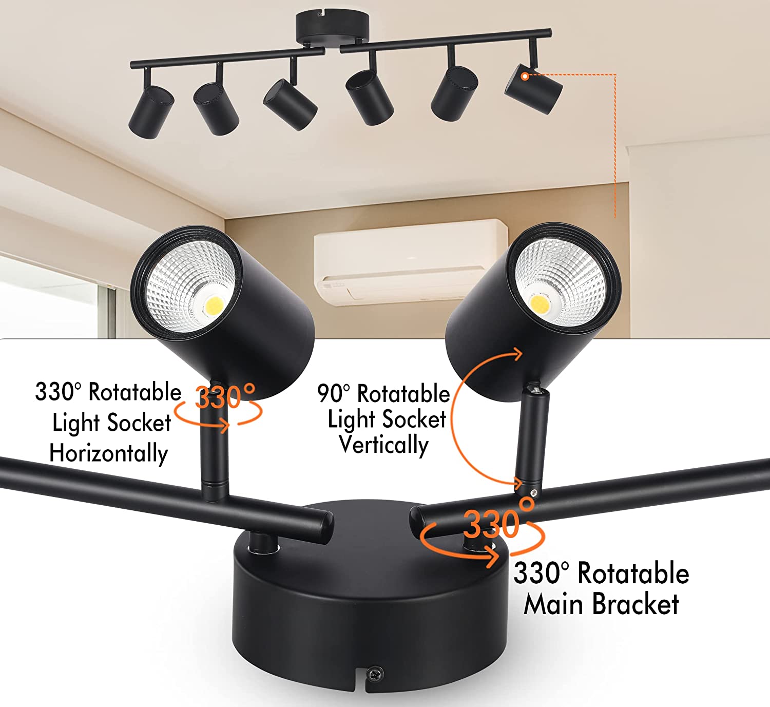 40W 6-Head LED Dimmable Track Light Kit,3000K/4000K/5000K Selectable 3000lm CRI90,Flexibly Rotatable Light Head for Accent Decorative Lighting,Black