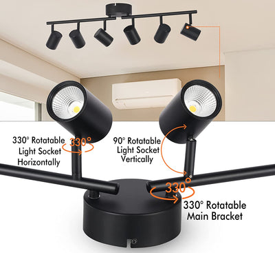 40W 6-Head LED Dimmable Track Light Kit,3000K/4000K/5000K Selectable 3000lm CRI90,Flexibly Rotatable Light Head for Accent Decorative Lighting,Black