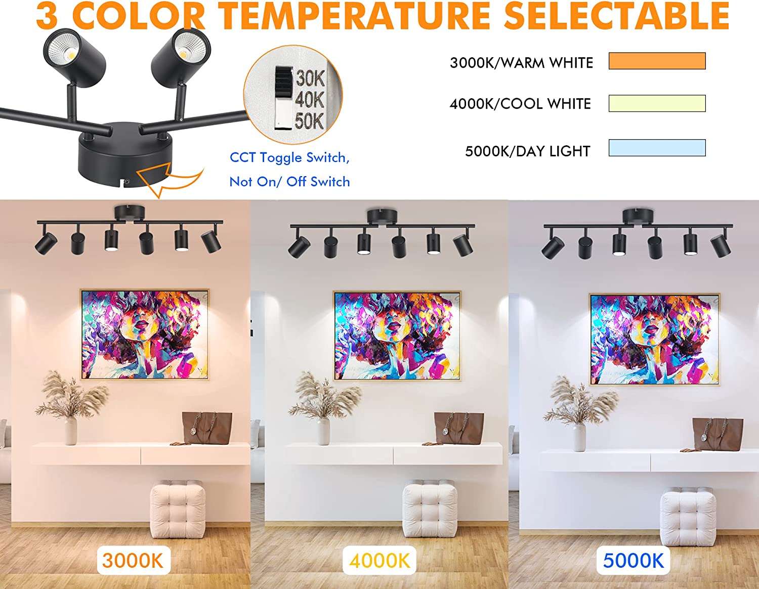 40W 6-Head LED Dimmable Track Light Kit,3000K/4000K/5000K Selectable 3000lm CRI90,Flexibly Rotatable Light Head for Accent Decorative Lighting,Black