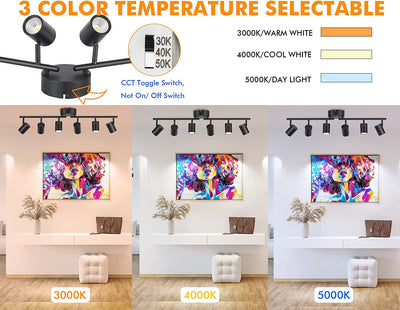 40W 6-Head LED Dimmable Track Light Kit,3000K/4000K/5000K Selectable 3000lm CRI90,Flexibly Rotatable Light Head for Accent Decorative Lighting,Black