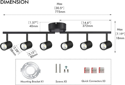 40W 6-Head LED Dimmable Track Light Kit,3000K/4000K/5000K Selectable 3000lm CRI90,Flexibly Rotatable Light Head for Accent Decorative Lighting,Black