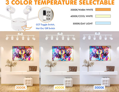 40W 6-Head LED Dimmable Track Light Kit,3000K/4000K/5000K Selectable 3000lm CRI90,Flexibly Rotatable Light Head for Accent Decorative Lighting,White