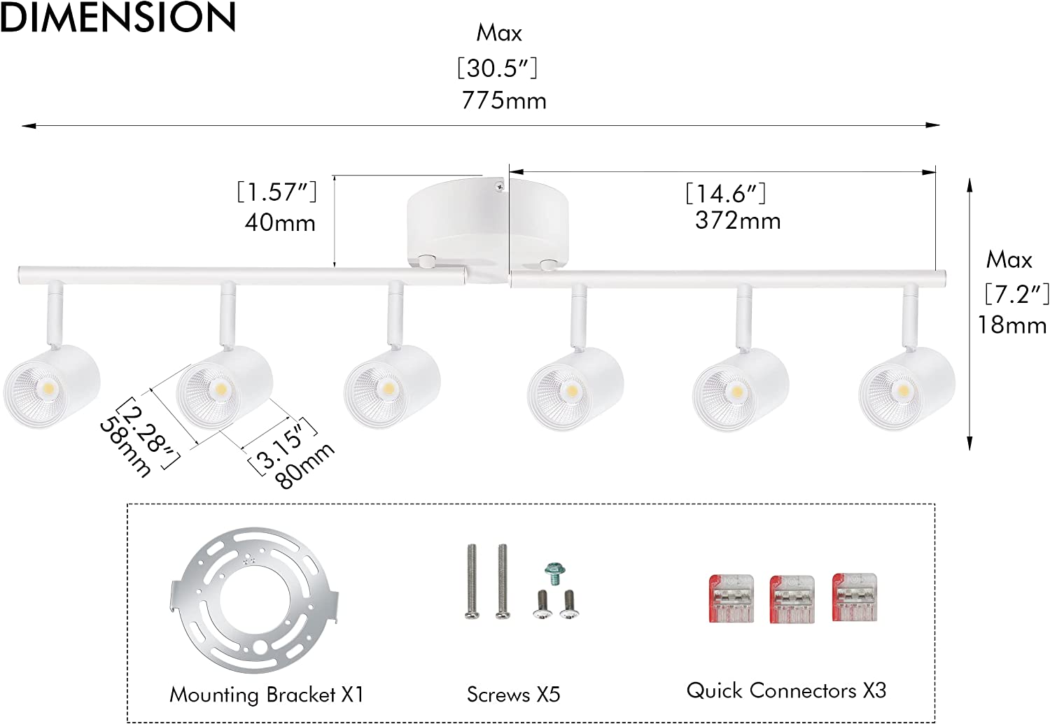 40W 6-Head LED Dimmable Track Light Kit,3000K/4000K/5000K Selectable 3000lm CRI90,Flexibly Rotatable Light Head for Accent Decorative Lighting,White