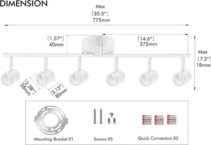 40W 6-Head LED Dimmable Track Light Kit,3000K/4000K/5000K Selectable 3000lm CRI90,Flexibly Rotatable Light Head for Accent Decorative Lighting,White