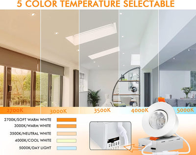 3.5 Inch 5CCT LED Recessed Ceiling Light 60 Degree Tilt Angle,2700K/3000K/3500K/4000K/5000K Selectable,8W,ETL/FCC,Pack of 6