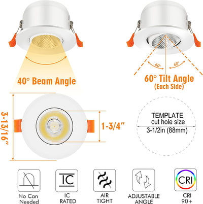3.5 Inch 5CCT LED Recessed Ceiling Light 60 Degree Tilt Angle,2700K/3000K/3500K/4000K/5000K Selectable,8W,ETL/FCC,Pack of 6