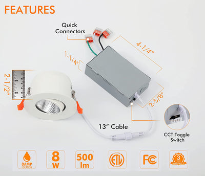 3.5 Inch 5CCT LED Recessed Ceiling Light 60 Degree Tilt Angle,2700K/3000K/3500K/4000K/5000K Selectable,8W,ETL/FCC,Pack of 6