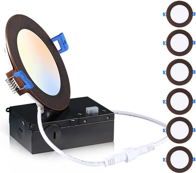 Ultra-Thin LED Recessed Ceiling Light With Junction Box, 4 Inch 3000K/ 4000K/ 5000K Selectable 3CCT, Dimmable 10W/15W CRI90+ Downlight, IC Rated, Air Tight, ETL/JA8, Oil Rubbed Bronze, 6 Pack