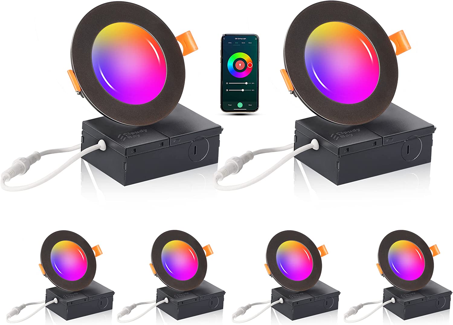 [6 Pack] 4inch Smart Wifi LED Recessed Lights,RGB Color Changing Recessed Lighting,Compatible with Alexa and Google Home Assistant,10W 2700K-6500K,CRI90+ WET Location,Oil Rubbed Bronze