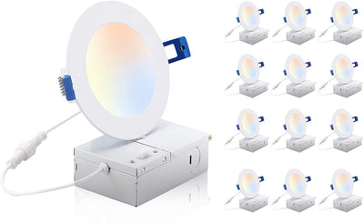 Ultra-Thin LED Recessed Ceiling Light with Junction Box, 4 inch, 3CCT, Dimmable 10W CRI 90+ Downlight, IC Rated, Air Tight, ETL/JA8, White Finish, 12 PCs