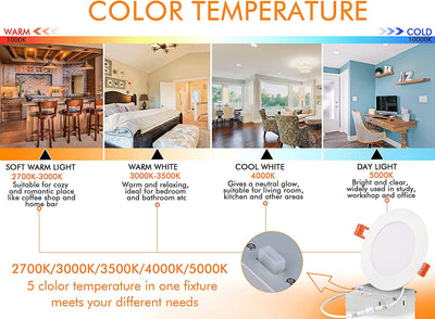 Ultra-Thin LED Recessed Light with Junction Box, 4 Inch, 5CCT, 120V 10W, White, 6 PCs