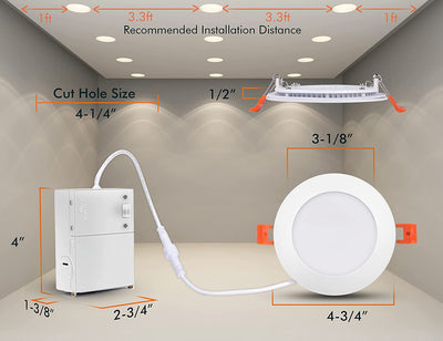 Ultra-Thin LED Recessed Light with Junction Box, 4 Inch, 5CCT, 120V 10W, White, 6 PCs