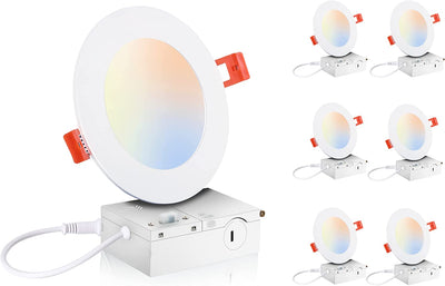 Ultra-Thin LED Recessed Light with Junction Box, 4 Inch, 5CCT, 120V 10W, White, 6 PCs