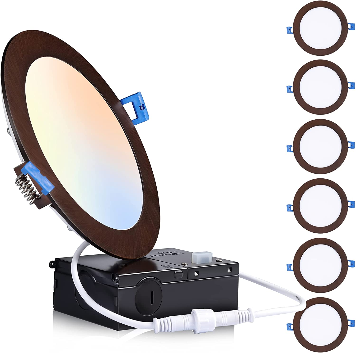 Ultra-Thin LED Recessed Ceiling Light with Junction Box, 6 Inch, 3CCT, Dimmable 15W CRI90+ Downlight, IC Rated, Air Tight, ETL/JA8, Oil Rubbed Bronze, 6 PCs
