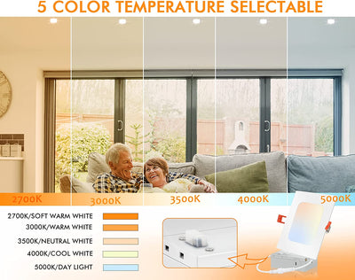 6 Pack 6 Inch 5CCT Ultra-Thin LED Square Recessed Ceiling Light with Junction Box,2700K/3000K/3500K/4000K/5000K Selectable,15W Dimmable Canless Downlight,850LM