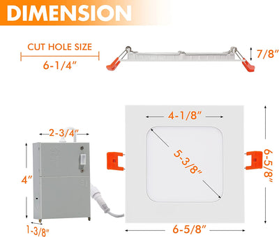 6 Pack 6 Inch 5CCT Ultra-Thin LED Square Recessed Ceiling Light with Junction Box,2700K/3000K/3500K/4000K/5000K Selectable,15W Dimmable Canless Downlight,850LM
