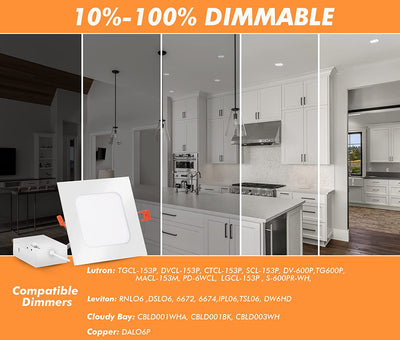 6 Pack 6 Inch 5CCT Ultra-Thin LED Square Recessed Ceiling Light with Junction Box,2700K/3000K/3500K/4000K/5000K Selectable,15W Dimmable Canless Downlight,850LM