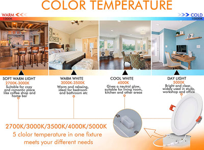 Ultra-Thin LED Recessed Light with Junction Box, 6 Inch, 5CCT, 120V 15W, White, 6 PCs