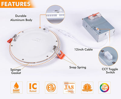 Ultra-Thin LED Recessed Light with Junction Box, 6 Inch, 5CCT, 120V 15W, White, 6 PCs