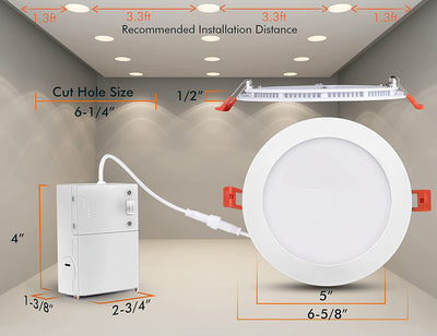 Ultra-Thin LED Recessed Light with Junction Box, 6 Inch, 5CCT, 120V 15W, White, 6 PCs