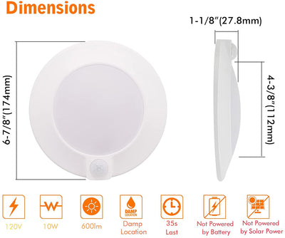 Motion Sensor Ceiling Light, 5CCT, 120V CRI90 10W,6.5 inch 2700K/3000K/3500K/4000K/5000K Selectable LED Flush Mount Fixture For Garage,Walk-in Closet,Attic,Pantry Wet location