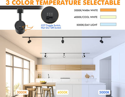 Black LED track light head on rail with switch close-up and color temperature selector strip on white background