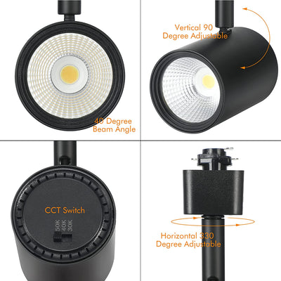 Black LED track light head in a four-panel collage of lens, tilt, housing, and connector detail views