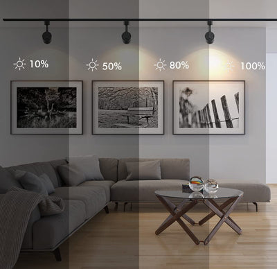 Black LED track light heads brightening a modern living room with dimming comparison strips