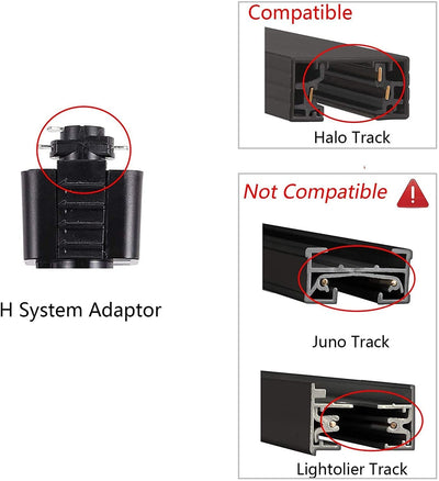 Track light adapter with twist-lock connector detail and track compatibility comparison chart on white background