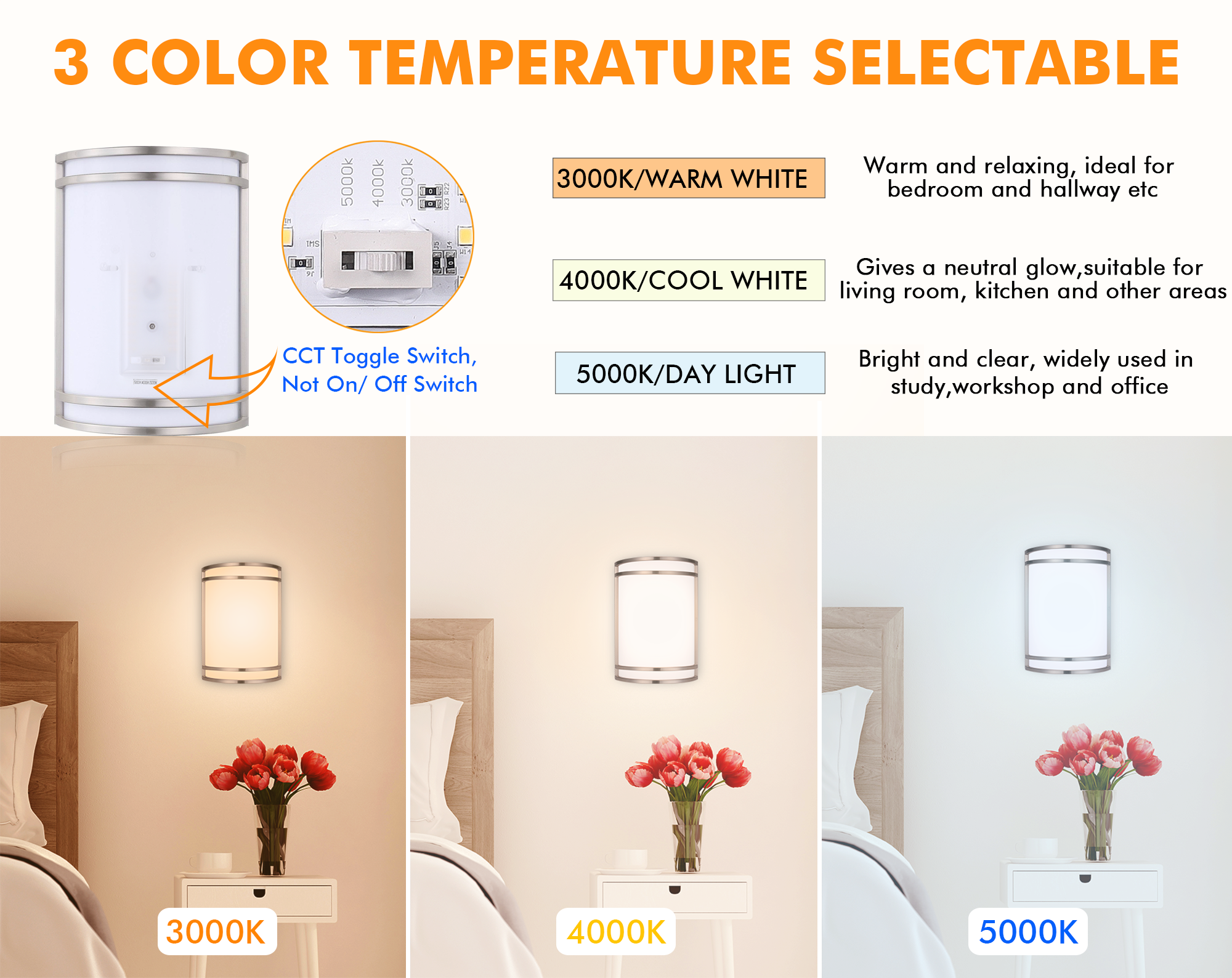 LED Wall Sconce, 3000K/4000K/5000K Selectable 3CCT, Wall Mount Light Fixtures, 15W 120V Dimmable CRI 90+ LED Wall Light, Brushed Nickel