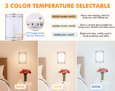 LED Wall Sconce, 3000K/4000K/5000K Selectable 3CCT, Wall Mount Light Fixtures, 15W 120V Dimmable CRI 90+ LED Wall Light, Brushed Nickel