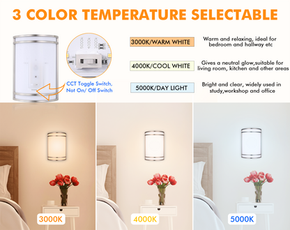 LED Wall Sconce, 3000K/4000K/5000K Selectable 3CCT, Wall Mount Light Fixtures, 15W 120V Dimmable CRI 90+ LED Wall Light, Brushed Nickel