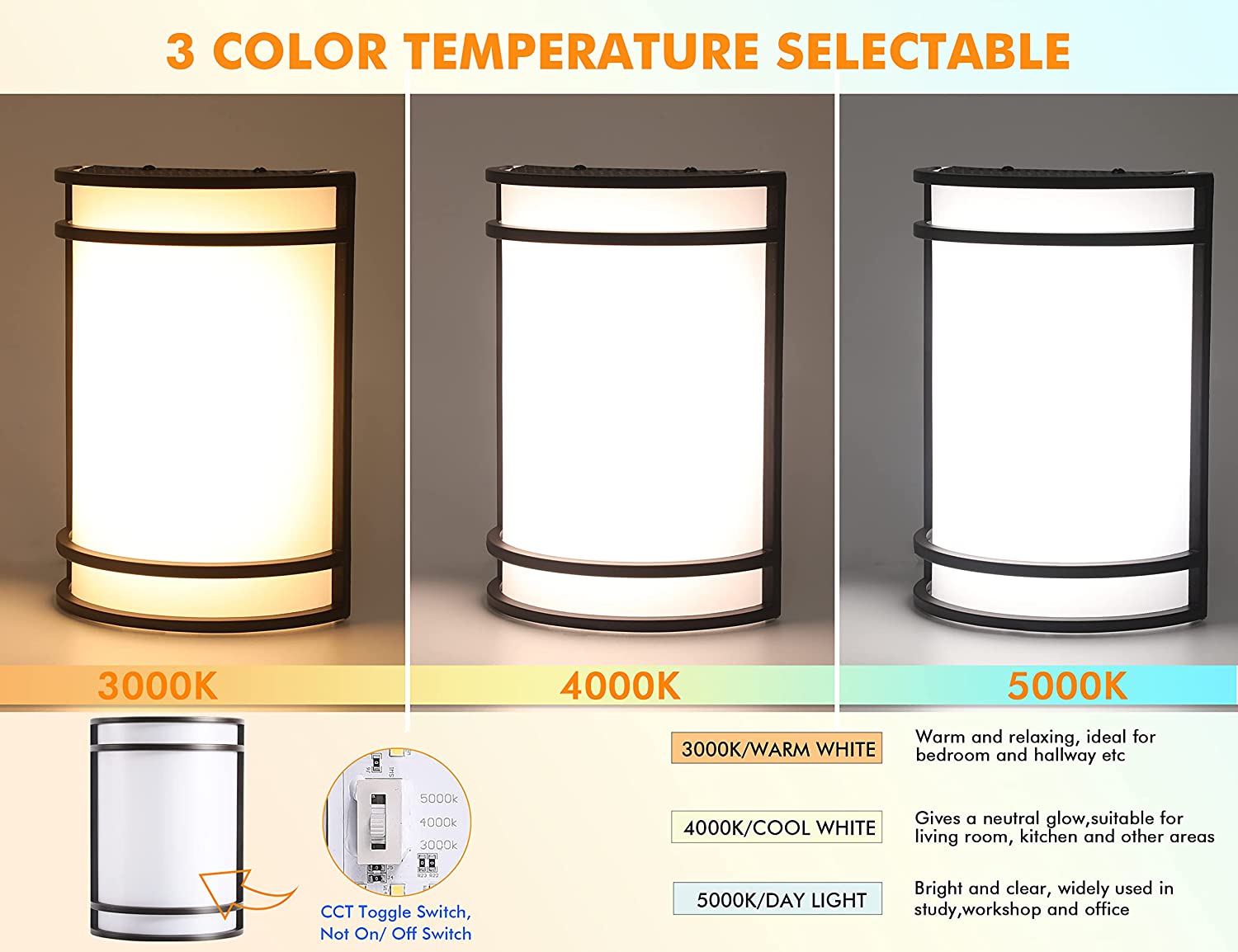 LED 3 Color Indoor Wall Sconce, Wall Lighting, 3000K/4000K/5000K Color Temperature Adjustable Wall Mount Light Fixtures, 15W 120V Dimmable CRI 90+ LED Wall Light,Oil Rubbed Bronze